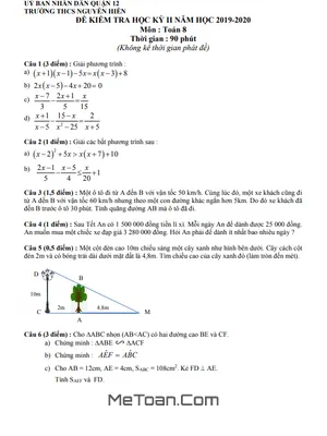 Đề thi học kì 2 Toán 8 năm 2019 - 2020 trường THCS Nguyễn Hiền - TP HCM (có đáp án)