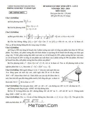 Đề khảo sát Toán 9 lần 2 năm 2023 - 2024 phòng GD&ĐT thành phố Hải Dương