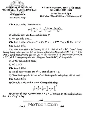 Đề thi Học Sinh Giỏi Toán 8 Năm 2023 - 2024 Phòng GD&ĐT Nghĩa Lộ - Yên Bái