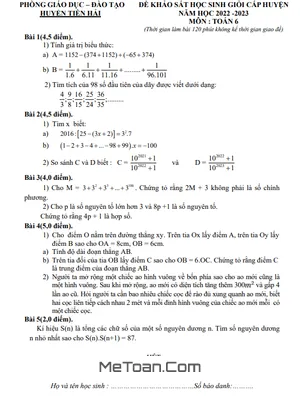 Đề thi học sinh giỏi Toán 6 năm 2022 - 2023 phòng GD&ĐT Tiền Hải - Thái Bình
