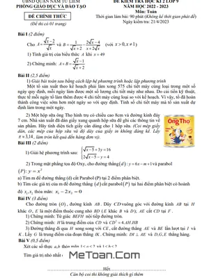 Đề thi học kì 2 Toán 9 năm 2022 - 2023 phòng GD&ĐT Nam Từ Liêm - Hà Nội