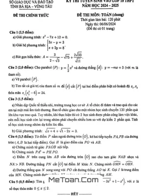 Đề thi Tuyển sinh lớp 10 môn Toán (chung) năm 2024 - 2025 Sở GD&ĐT Bà Rịa - Vũng Tàu