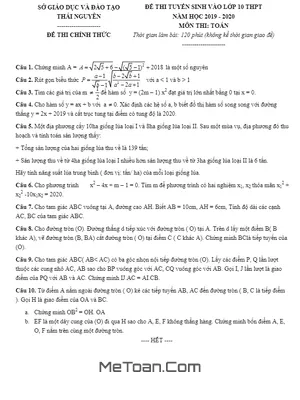 Đề thi tuyển sinh lớp 10 THPT môn Toán năm 2019 - 2020 sở GD&ĐT Thái Nguyên