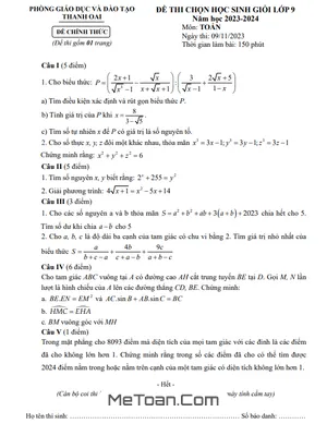 Đề Thi Học Sinh Giỏi Toán 9 Năm 2023 - 2024 Phòng GD&ĐT Thanh Oai - Hà Nội