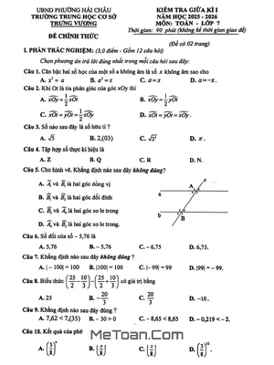 Đề thi giữa kì 1 Toán 7 năm 2025 – 2026 trường THCS Trưng Vương – Đà Nẵng