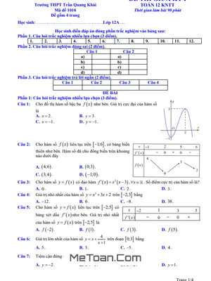 Đề thi giữa học kỳ 1 Toán 12 năm 2025 - 2026 trường THPT Trần Quang Khải - Hưng Yên (kèm đáp án)