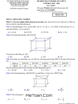 Đề Thi Cuối Học Kỳ 1 Toán 12 Năm 2025 – 2026 Trường Chuyên Nguyễn Tất Thành – Quảng Ngãi
