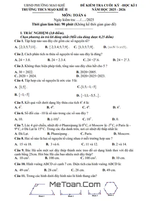 Đề Thi Cuối Kỳ 1 Toán 6 Năm 2025 - 2026 Trường THCS Mạo Khê 2, Quảng Ninh