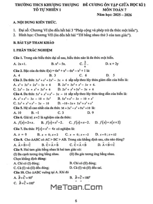 Đề cương giữa học kì 2 Toán 7 năm học 2025 – 2026 trường THCS Khương Thượng – Hà Nội