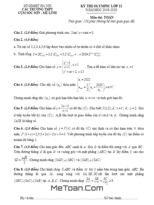 Đề thi Olympic Toán 11 năm học 2019 - 2020 cụm Sóc Sơn - Mê Linh - Hà Nội