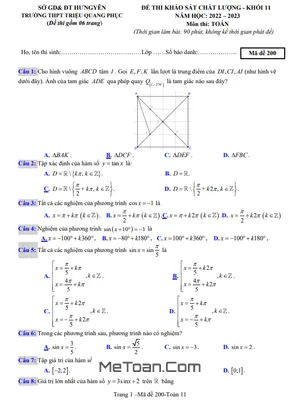 Đề khảo sát Toán 11 năm 2022 - 2023 trường THPT Triệu Quang Phục - Hưng Yên