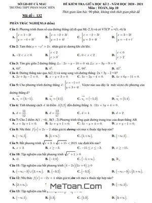 Đề thi giữa kì 2 Toán 10 năm 2020 - 2021 trường Phan Ngọc Hiển - Cà Mau