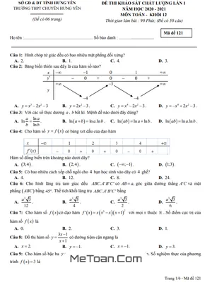 Đề khảo sát chất lượng Toán 12 lần 1 năm 2020 – 2021 trường THPT chuyên Hưng Yên