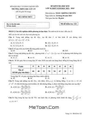 Đề thi học kì 2 Toán 10 năm 2023 - 2024 trường THPT Chu Văn An - Hà Nội