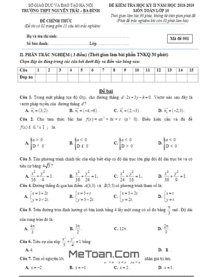Đề kiểm tra học kỳ 2 Toán 10 năm 2018 - 2019 trường Nguyễn Trãi - Hà Nội