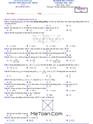 Đề thi HK1 Toán 11 năm 2020 - 2021 trường THPT Phan Chu Trinh - Đắk Lắk
