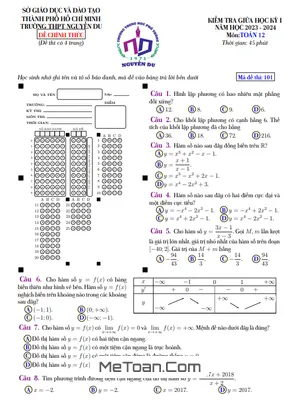 Đề Thi Giữa Kỳ 1 Toán 12 Năm 2023 - 2024 Trường THPT Nguyễn Du - TP HCM