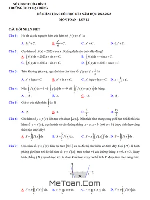 Đề Thi Cuối Kì 2 Toán 12 Năm 2022 - 2023 Trường THPT Đại Đồng - Hòa Bình