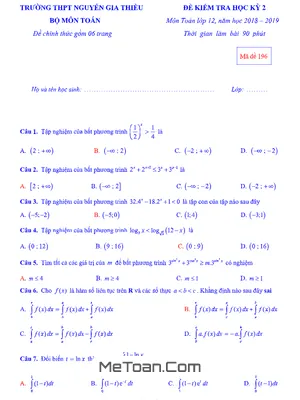 Đề kiểm tra HK2 Toán 12 năm 2018 – 2019 trường Nguyễn Gia Thiều – Hà Nội