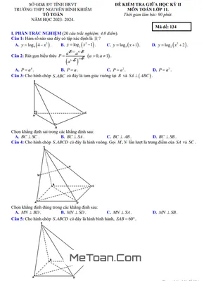 Đề giữa học kỳ 2 Toán 11 năm 2023 – 2024 trường THPT Nguyễn Bỉnh Khiêm – BR VT