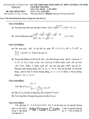 Đề thi chọn HSG Toán THPT cấp tỉnh năm 2023 - 2024 Sở GD&ĐT Long An