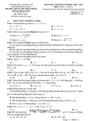 Đề thi cuối kì 2 Toán 11 năm 2022 - 2023 trường THPT Hoàng Hoa Thám - Đà Nẵng