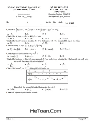 Đề thi thử THPT 2022 môn Toán lần 2 trường THPT Cửa Lò – Nghệ An (có đáp án)