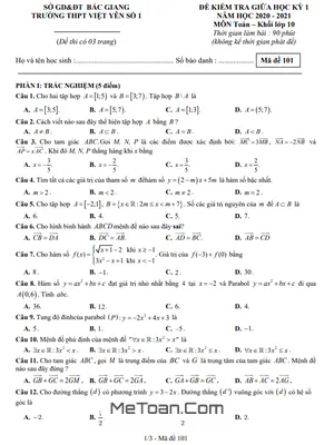 Đề thi giữa HK1 Toán 10 năm 2020 - 2021 trường THPT Việt Yên 1 - Bắc Giang