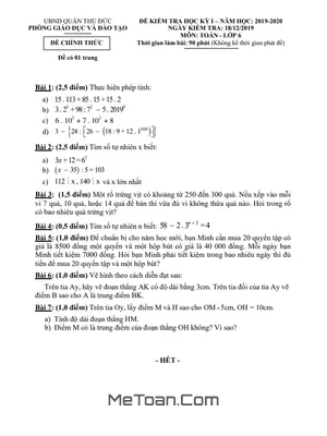 Đề thi học kỳ 1 Toán lớp 6 năm 2019 - 2020 phòng GD&ĐT Thủ Đức - TP HCM
