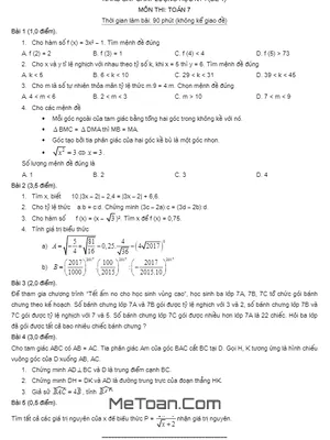 Tuyển Tập 10 Đề Thi HK1 Toán 7 Có Đáp Án