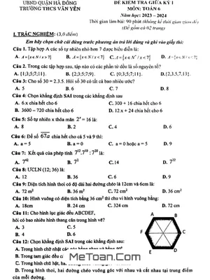 Đề Thi Giữa Kỳ 1 Môn Toán Lớp 6 Năm 2023 - 2024 Trường THCS Văn Yên - Hà Nội