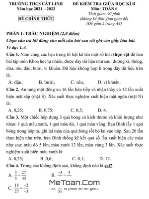 Đề thi giữa kì 2 Toán lớp 6 năm 2021 - 2022 trường THCS Cát Linh - Hà Nội