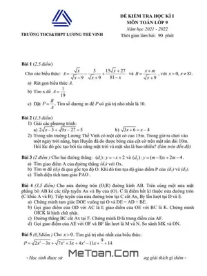 Đề thi HK1 Toán 9 năm 2021 – 2022 trường THCS&THPT Lương Thế Vinh – Hà Nội