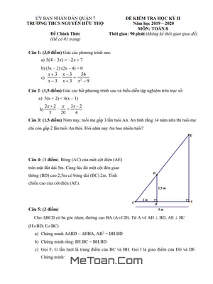 Đề thi HK2 Toán lớp 8 năm 2019 - 2020 trường THCS Nguyễn Hữu Thọ - TP.HCM
