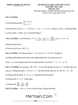 Đề khảo sát Toán 9 lần 2 năm 2023 - 2024 phòng GD&ĐT Hà Trung - Thanh Hóa