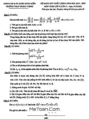 Đề khảo sát Toán 9 lần 2 năm 2019 - 2020 trường THCS Trưng Vương - Hà Nội