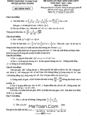 Đề Giao Lưu HSG Toán 8 Năm 2023 - 2024 Phòng GD&ĐT Quảng Xương - Thanh Hoá