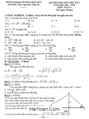 Đề Thi Giữa Học Kỳ 1 Toán 9 Năm 2023 - 2024 Trường THCS Quang Trung - BR VT
