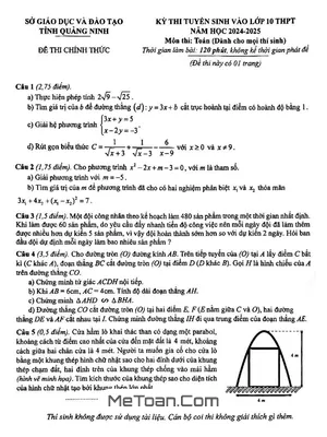 Đề Thi Tuyển Sinh Lớp 10 THPT Môn Toán Năm 2024 - 2025 Sở GD&ĐT Quảng Ninh