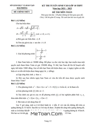 Đề Tuyển Sinh Lớp 10 Môn Toán Năm 2021 - 2022 Sở GD&ĐT Hải Phòng