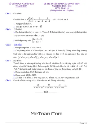Đề Thi Vào Lớp 10 Môn Toán Thanh Hóa Năm Học 2019 - 2020