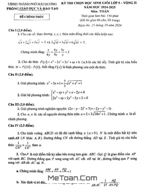 Đề chọn học sinh giỏi Toán 9 vòng 2 năm 2024 - 2025 phòng GD&ĐT TP Hải Dương