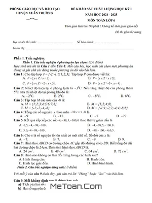 Đề thi học kì 1 Toán 6 năm 2024 - 2025 phòng GD&ĐT Xuân Trường - Nam Định
