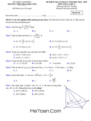 Đề thi học kì 1 Toán 11 năm 2024 - 2025 trường THPT Phan Bội Châu - Lâm Đồng (Có đáp án)