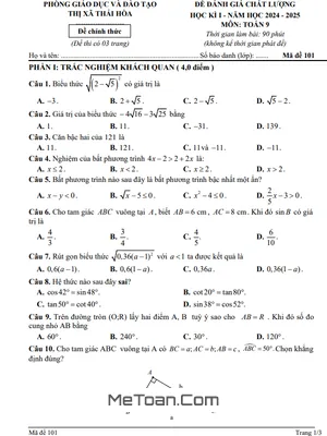 Đề thi học kì 1 Toán 9 năm 2024 - 2025 phòng GD&ĐT Thái Hòa - Nghệ An