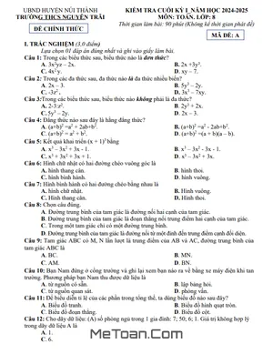 Đề Thi Cuối Kỳ 1 Môn Toán Lớp 8 Năm 2024 - 2025 Trường THCS Nguyễn Trãi - Quảng Nam