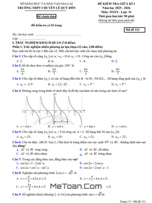 Tải Đề Thi Giữa Kì 1 Toán 11 Năm 2025-2026 Chuyên Lê Quý Đôn - Gia Lai (Có Đáp Án)