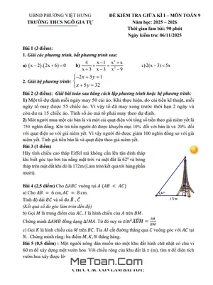 Tải Miễn Phí Đề Thi Giữa Kì 1 Toán 9 Năm 2025 - 2026 Trường THCS Ngô Gia Tự Hà Nội (Có Đáp Án Chi Tiết)