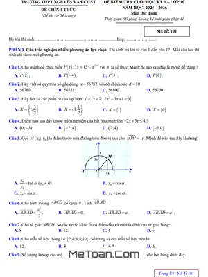 Đề thi cuối kỳ 1 Toán 10 năm học 2025 – 2026 trường THPT Nguyễn Văn Chất – Phú Thọ
