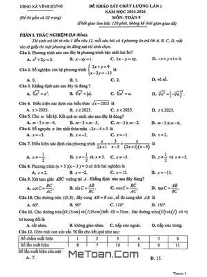 Đề Khảo Sát Toán 9 Lần 1 Năm 2025 – 2026 Xã Vĩnh Hưng – Phú Thọ